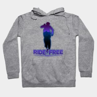 Silhouette of a cyclist man with a mountain cold colors evening landspace inside and a ride free, born to be cyclist legend Hoodie